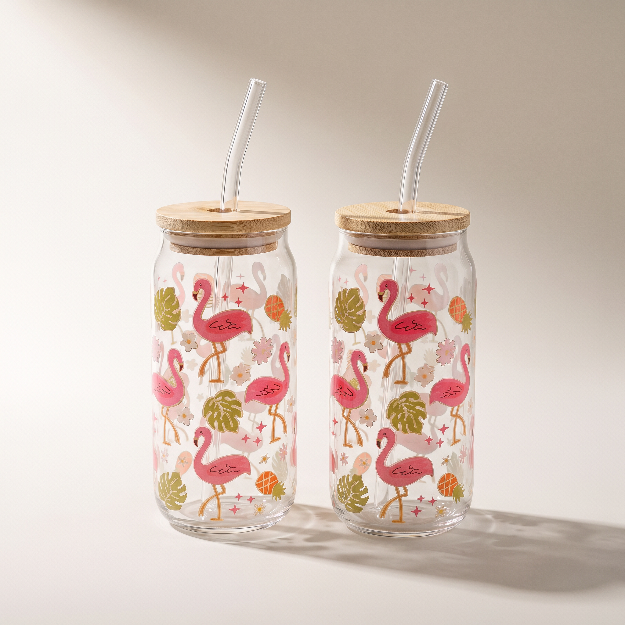 Gobelets en verre Tropical Flamingo avec paille en verre et couvercle en bambou (lot de 2)