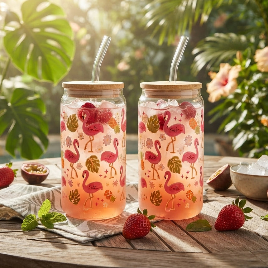 Flamingo Decal Glass Sipper Cups with Glass Straw & Bamboo Lid (Set of 2)