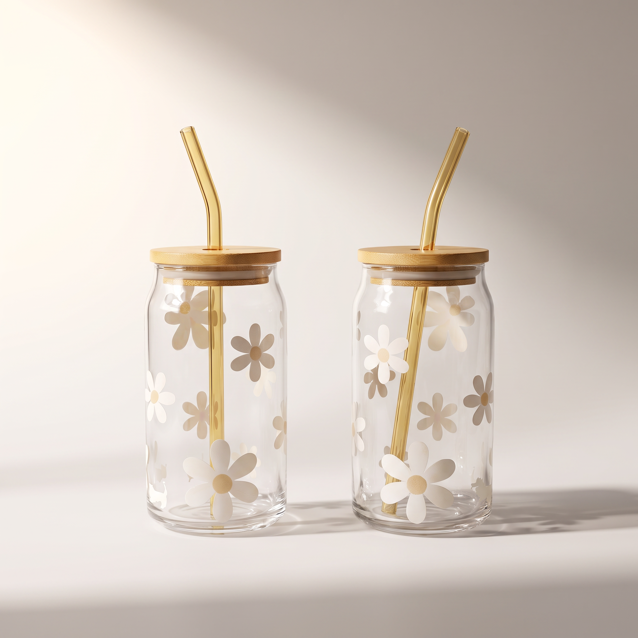 Gobelets en verre marguerite avec paille en verre et couvercle en bambou (lot de 2)