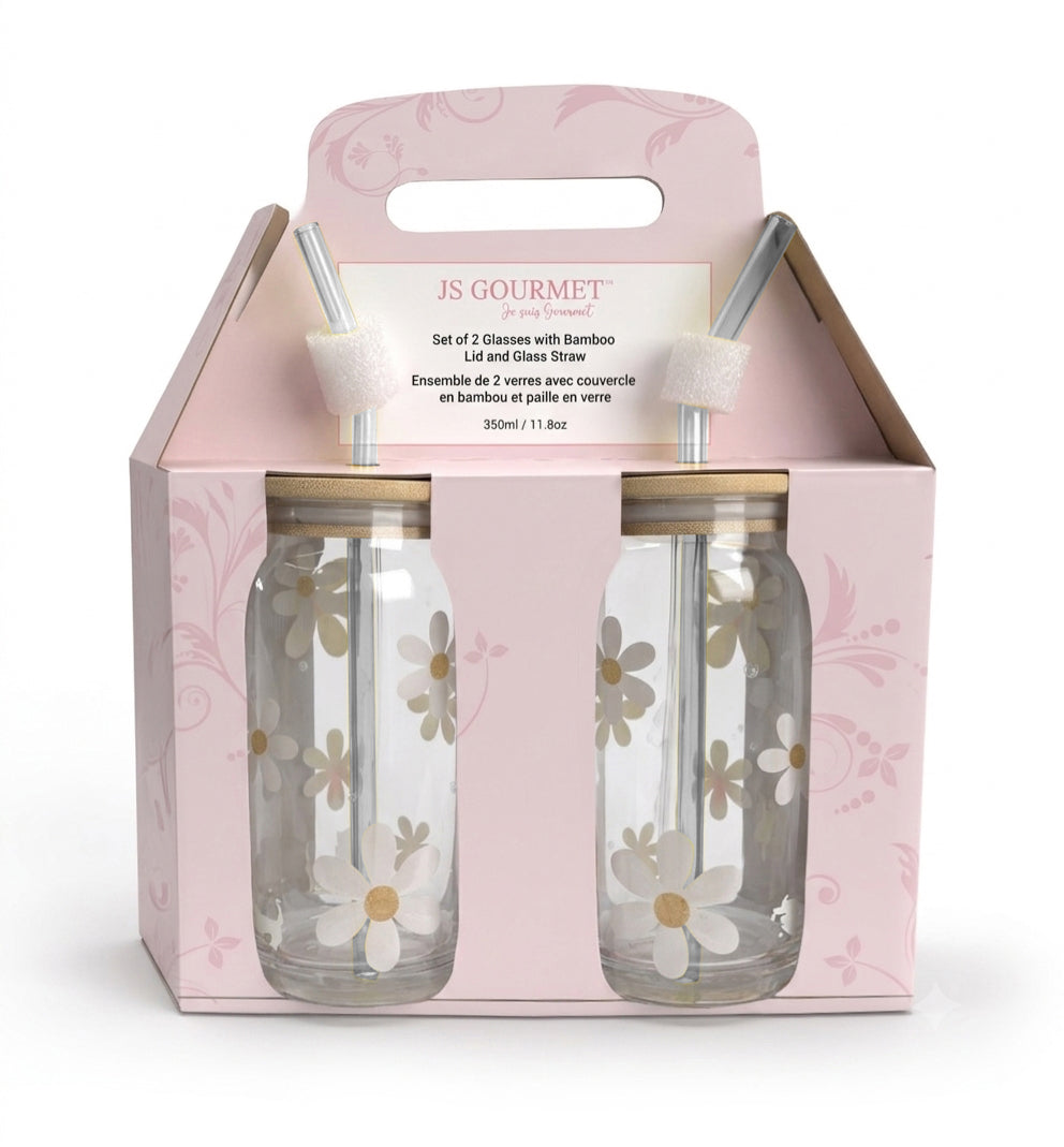 Daisy Decal Glass Sipper Cups with Glass Straw & Bamboo Lid (Set of 2) packaging