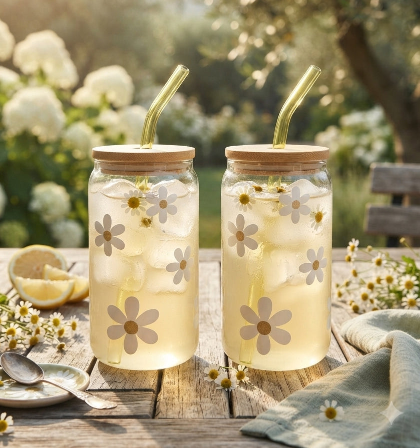 Daisy Decal Glass Sipper Cups with Glass Straw & Bamboo Lid (Set of 2)