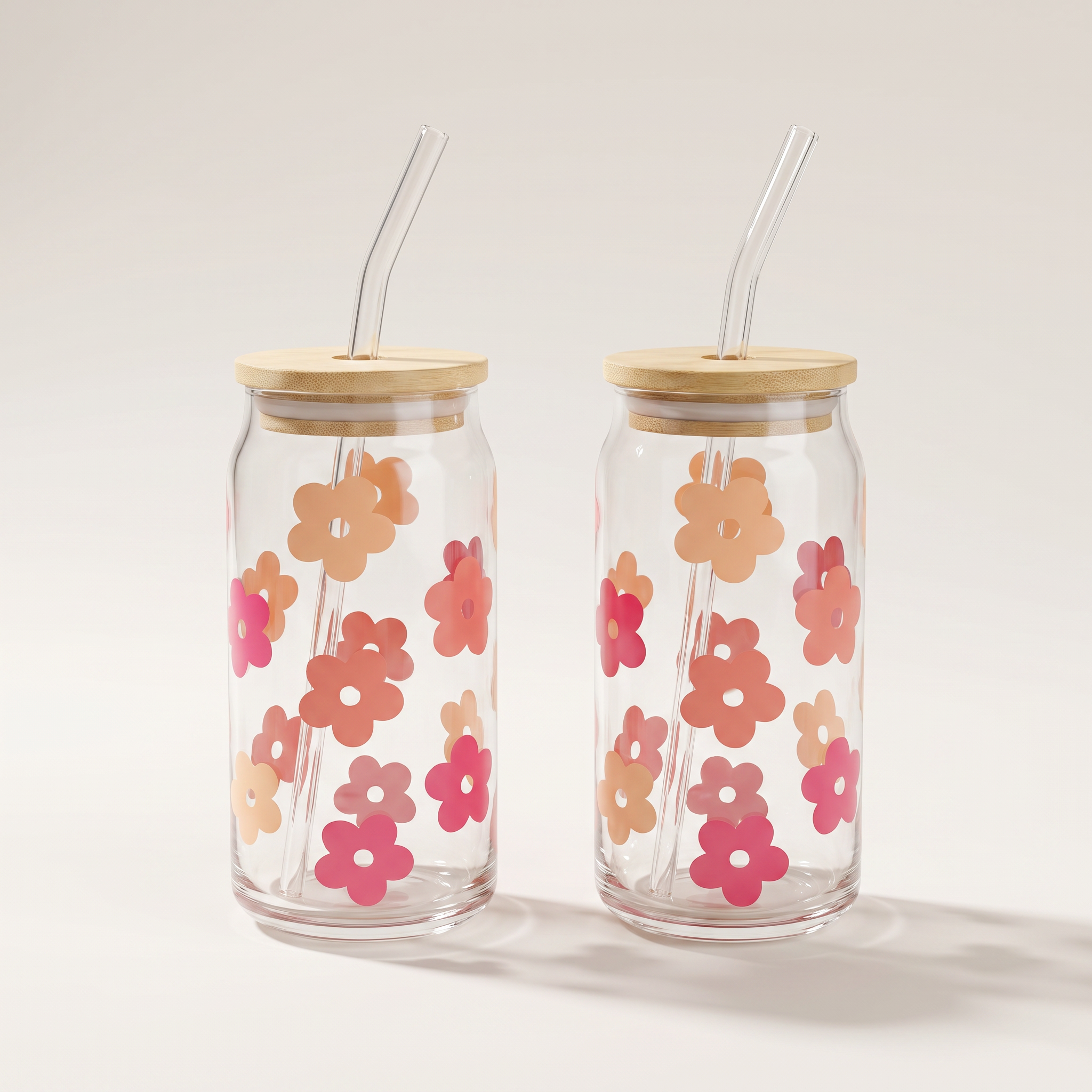Gobelets en verre « Floral Daisy Decal » avec paille en verre et couvercle en bambou (lot de 2)