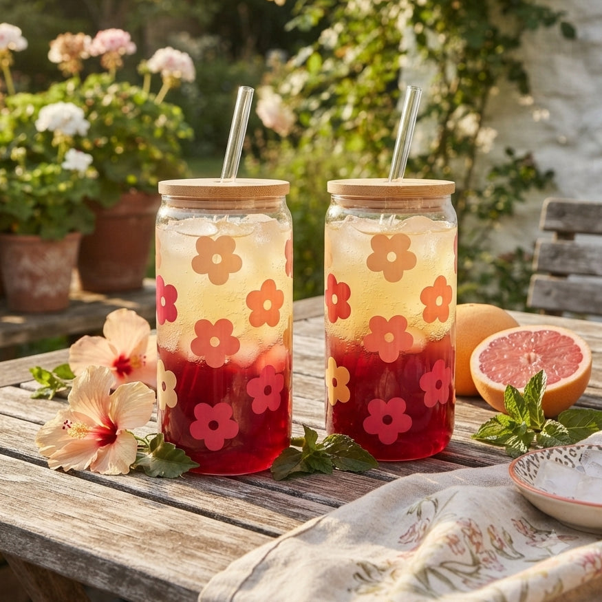 Daisy Bloom Decal Glass Sipper Cups with Glass Straw & Bamboo Lid (Set of 2)