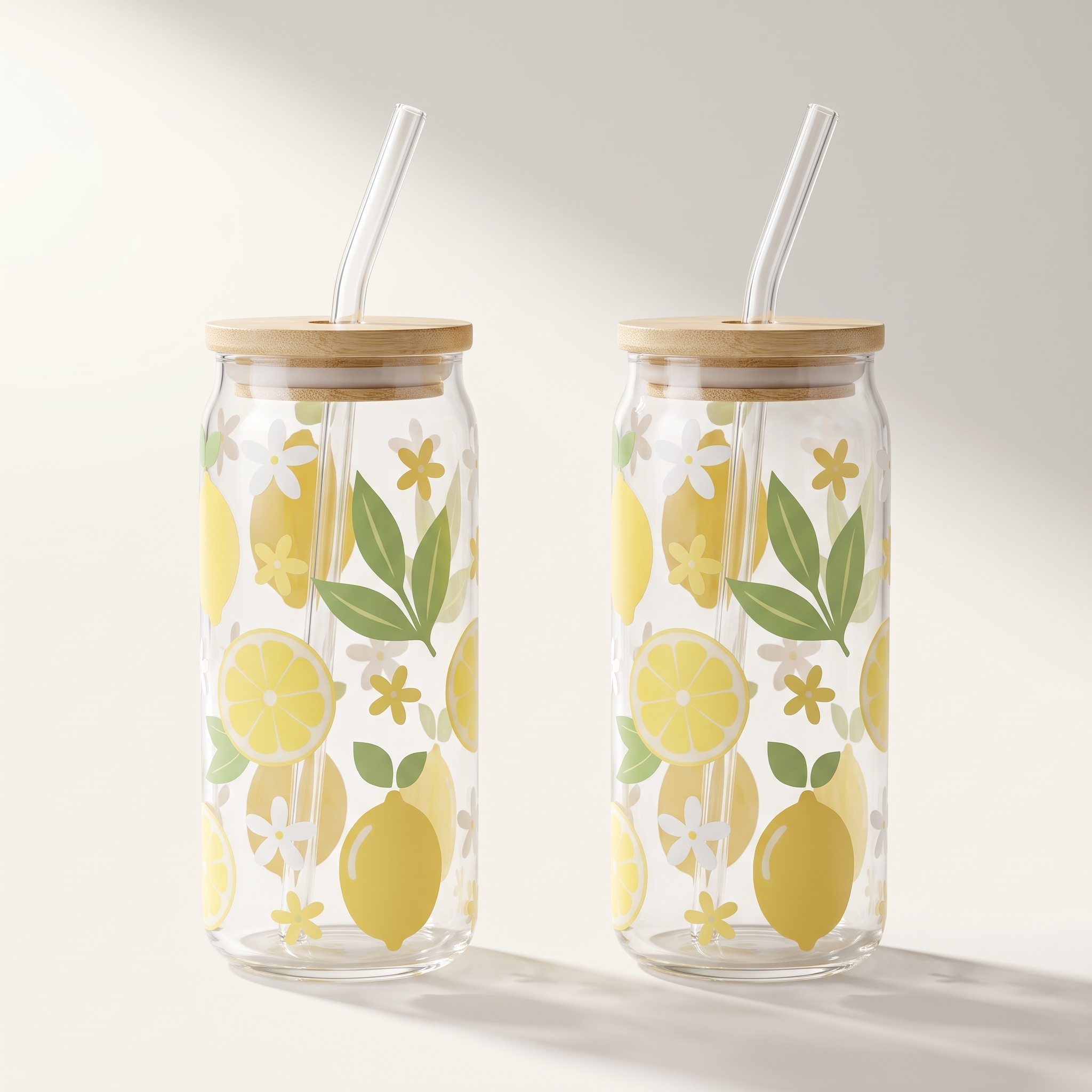 Gobelets sippers en verre avec décalcomanies citron et jasmin, paille en verre et couvercle en bambou (Lot de 2)