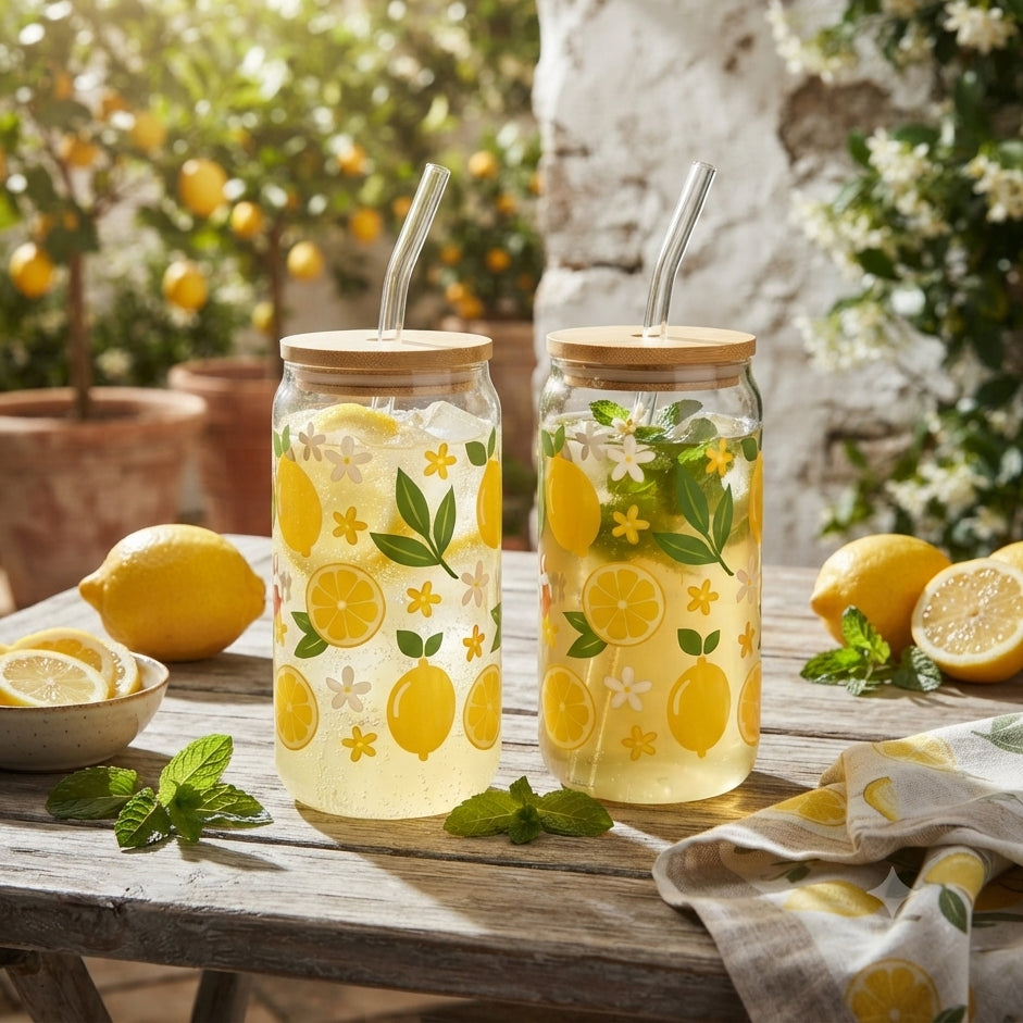 Lemon Garden Decal Glass Sipper Cups with Glass Straw & Bamboo Lid (Set of 2)