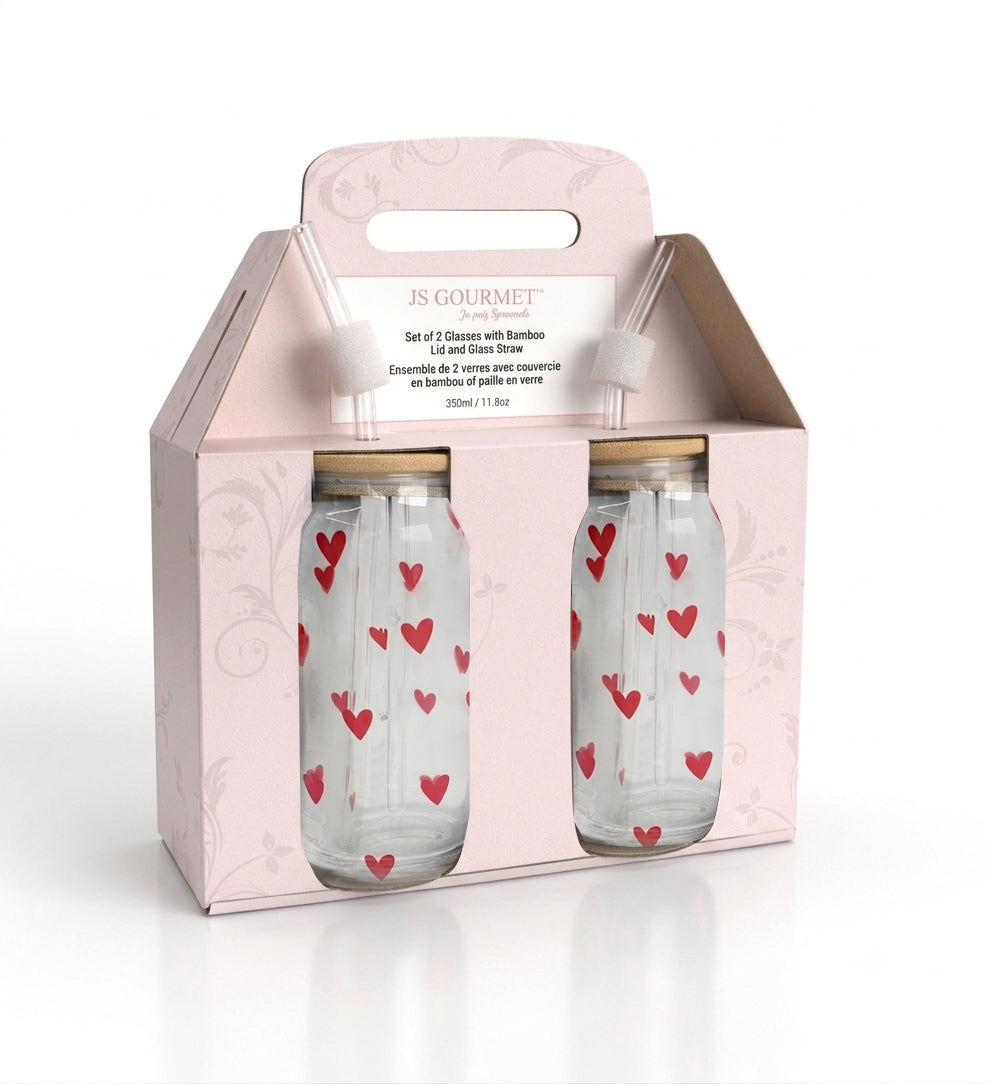Hearts Decal Glass Sipper Cups with Glass Straw & Bamboo Lid (Set of 2) packaging