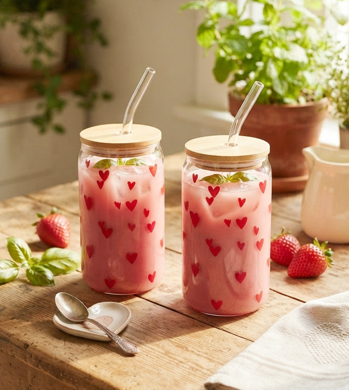 Hearts Decal Glass Sipper Cups with Glass Straw & Bamboo Lid (Set of 2)