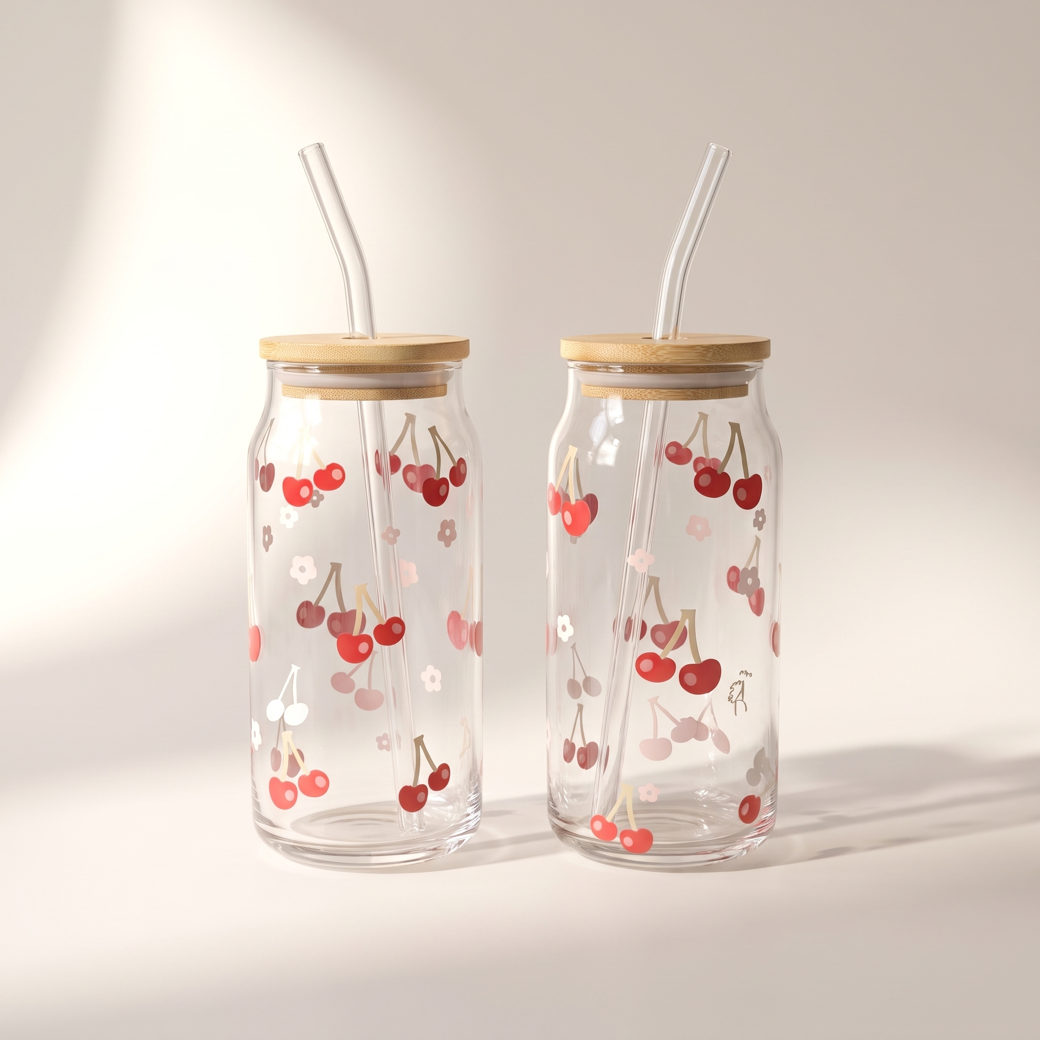 Gobelets à siroter en verre à décalque Cerises avec paille en verre et couvercle en bambou (ensemble de 2)