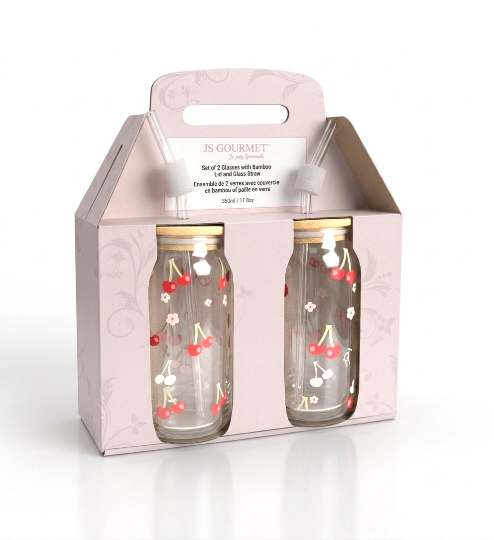 Cherries Decal Glass Sipper Cups with Glass Straw & Bamboo Lid (Set of 2) packaging