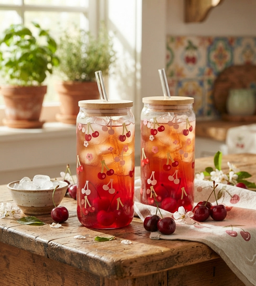 Cherries Decal Glass Sipper Cups with Glass Straw & Bamboo Lid (Set of 2)