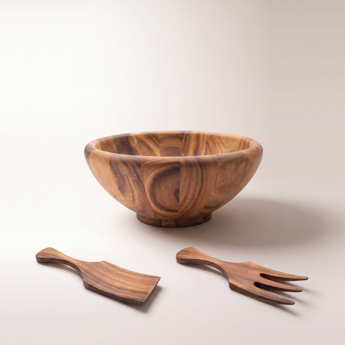 Acacia Wood Large Serving Bowl with Edged Rim and 2 Utensils