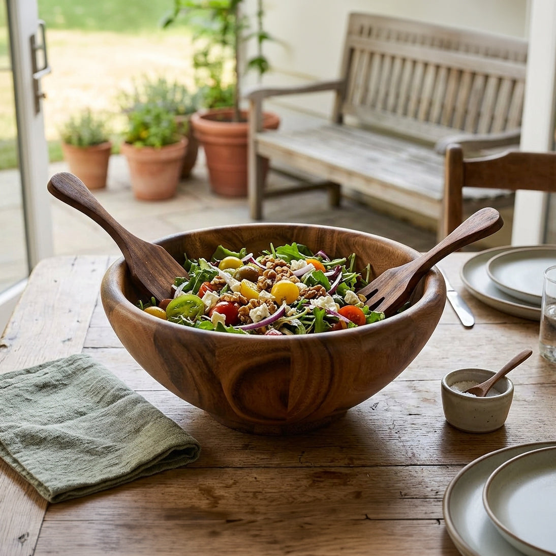 Acacia Wood Serving Bowl with Edged Rim