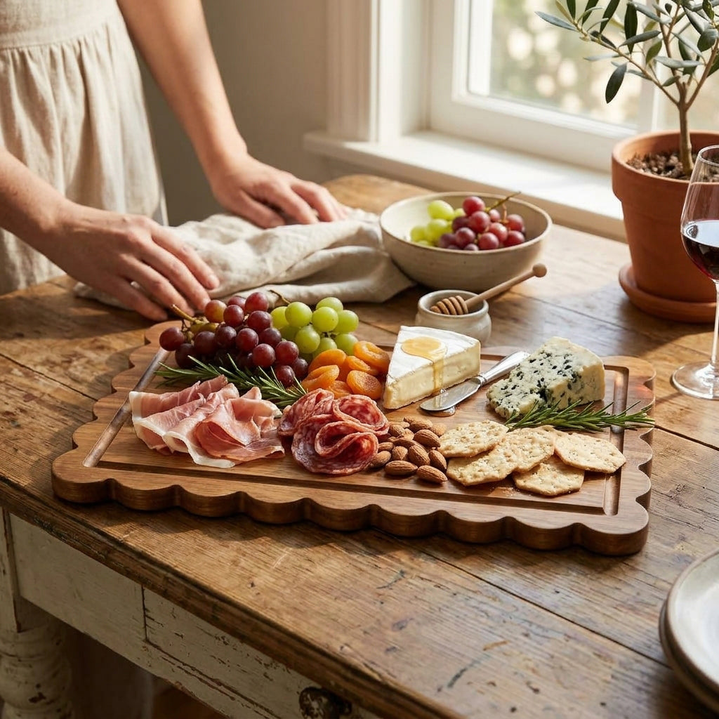 Large Acacia Wood Scalloped Serving and Cutting Board
