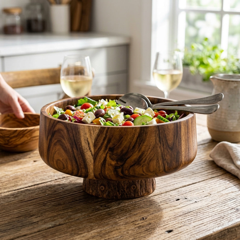 Acacia Wood Large Serving Bowl on Pedestal Base