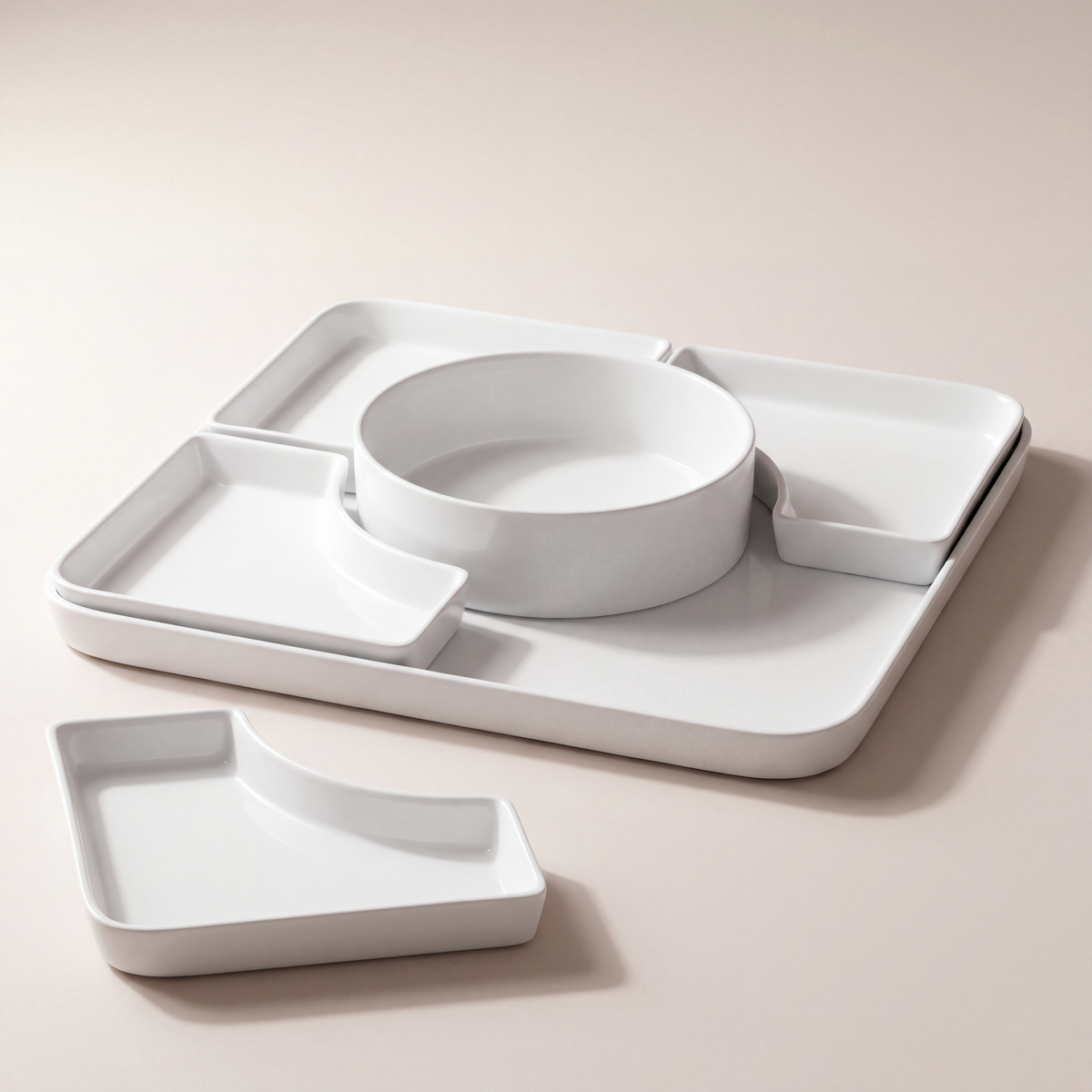 6-Piece Large Ceramic Serving Tray Set with Interlocking Dishes and Bowl