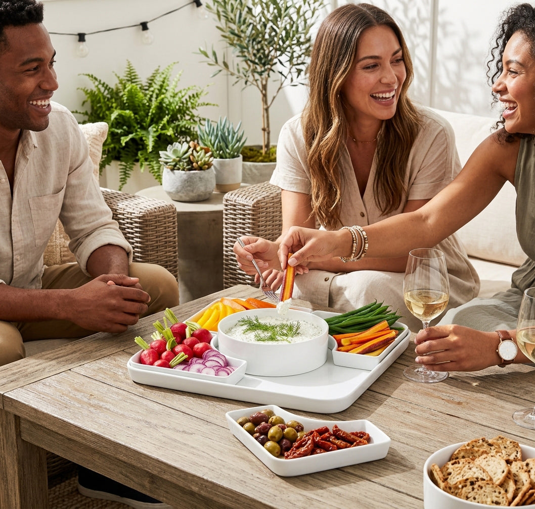 6-Piece Large Ceramic Serving Tray Set with Interlocking Dishes and Bowl