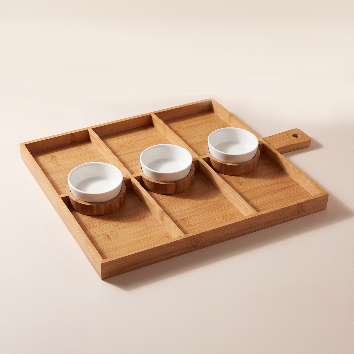 Wood Large Paddle Serving Board with 3 Ceramic Bowls