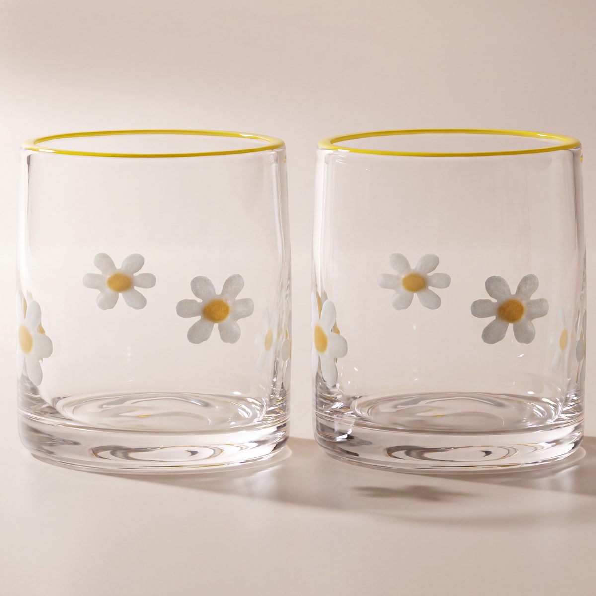Icon 3D Old-Fashioned Tumbler Glasses, (Set of 2) —  Daisy / Yellow Rim