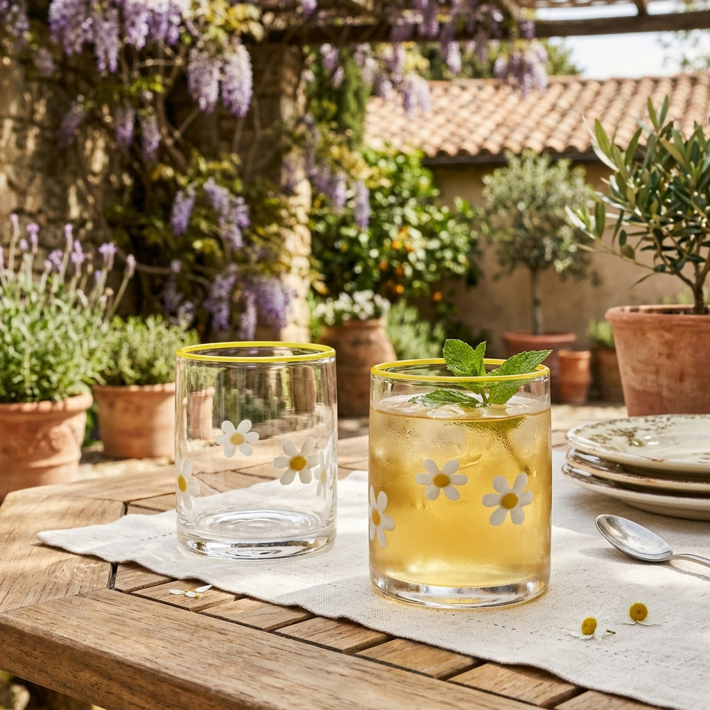 Icon 3D Old-Fashioned Tumbler Glasses, (Set of 2) —  Daisy / Yellow Rim