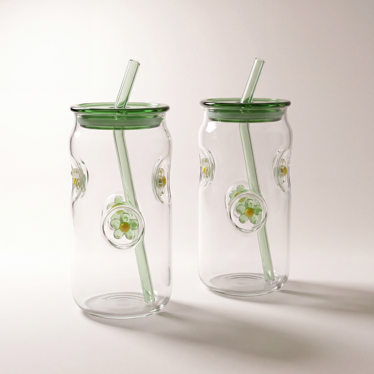 Icon 3D Glass Tumblers with Transparent Lid & Glass Straw, 500ml (Set of 2) — Green Flower