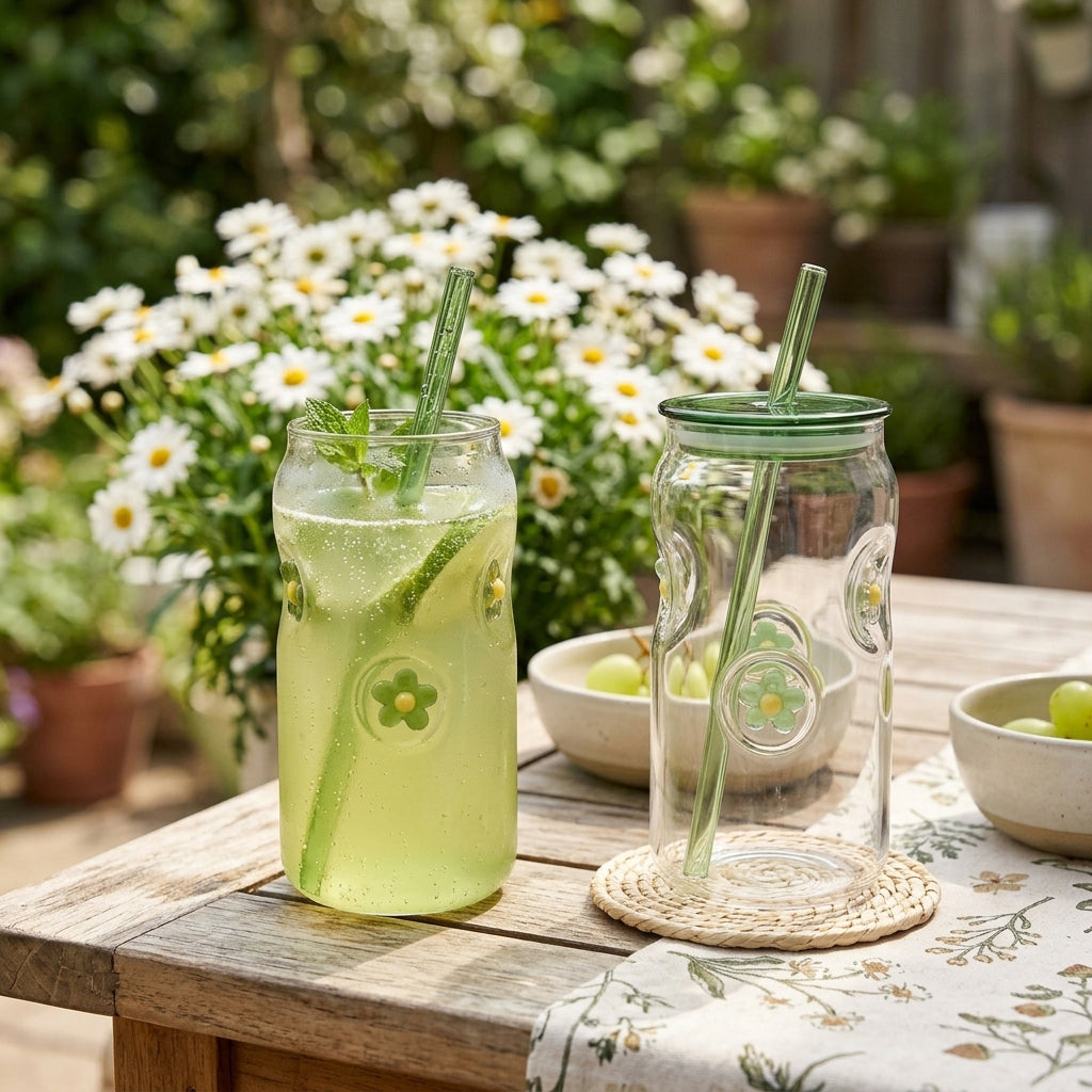 Icon 3D Glass Tumblers with Transparent Lid & Glass Straw, 500ml (Set of 2) — Green Flower