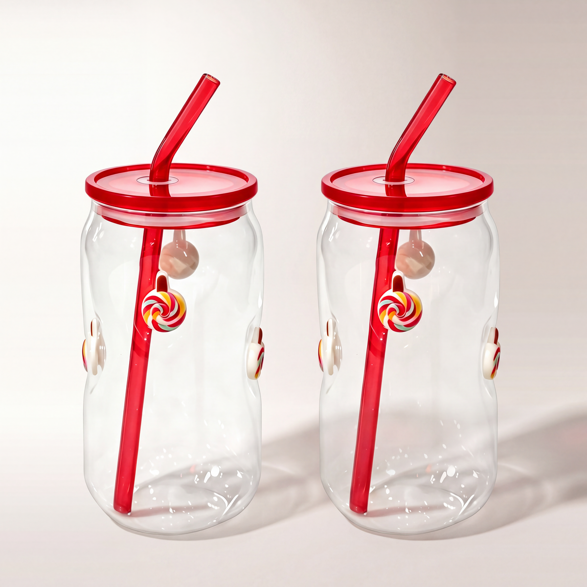 Icon 3D Glass Tumblers with Transparent Lid & Glass Straw, 500ml (Set of 2) —  Spiral Candy