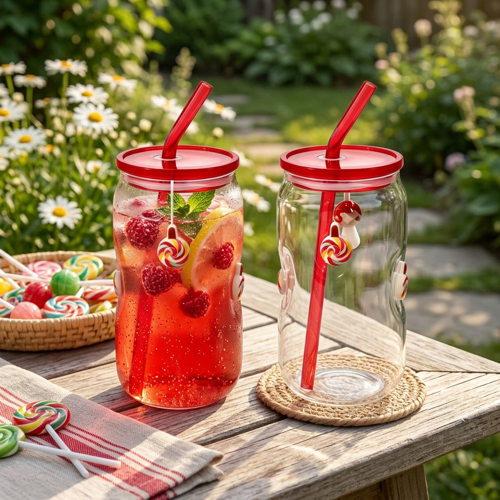Icon 3D Glass Tumblers with Transparent Lid & Glass Straw, 500ml (Set of 2) —  Spiral Candy