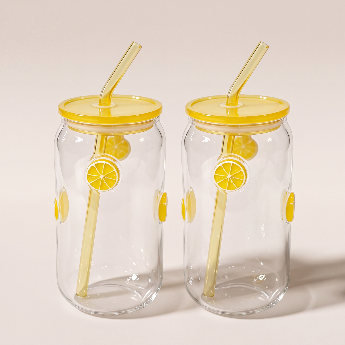 Icon 3D Glass Tumblers with Transparent Lid & Glass Straw, 500ml (Set of 2) — Fruit Slice