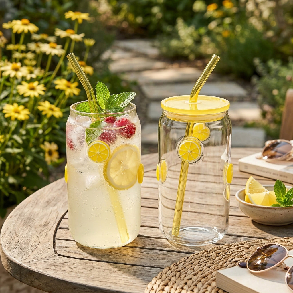 Icon 3D Glass Tumblers with Transparent Lid & Glass Straw, 500ml (Set of 2) — Fruit Slice