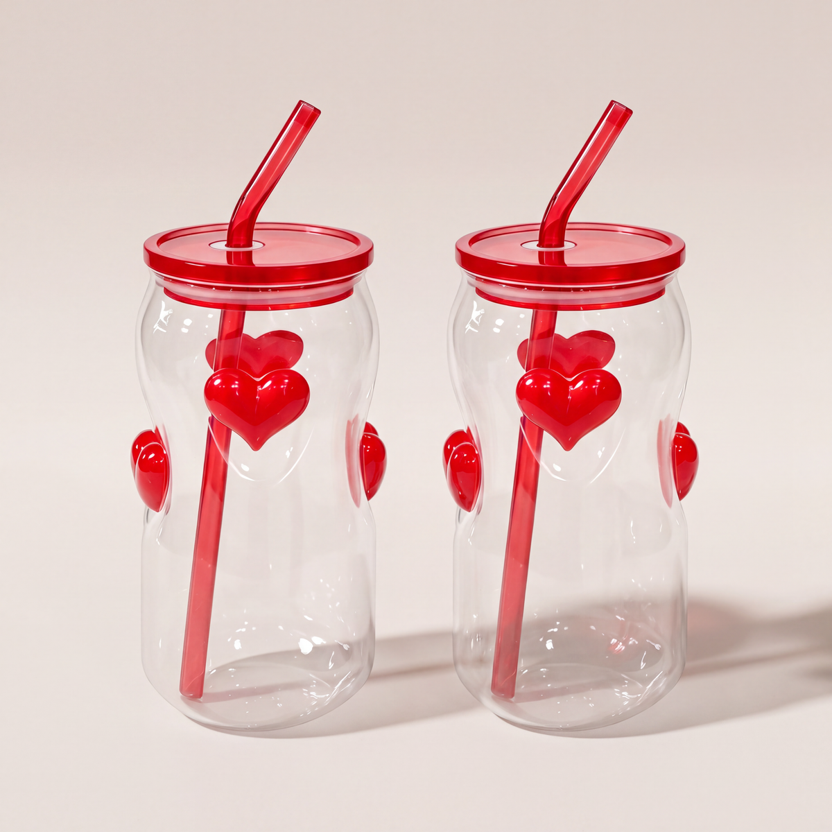 Icon 3D Glass Tumblers with Transparent Lid & Glass Straw, 500ml (Set of 2) —  Heart