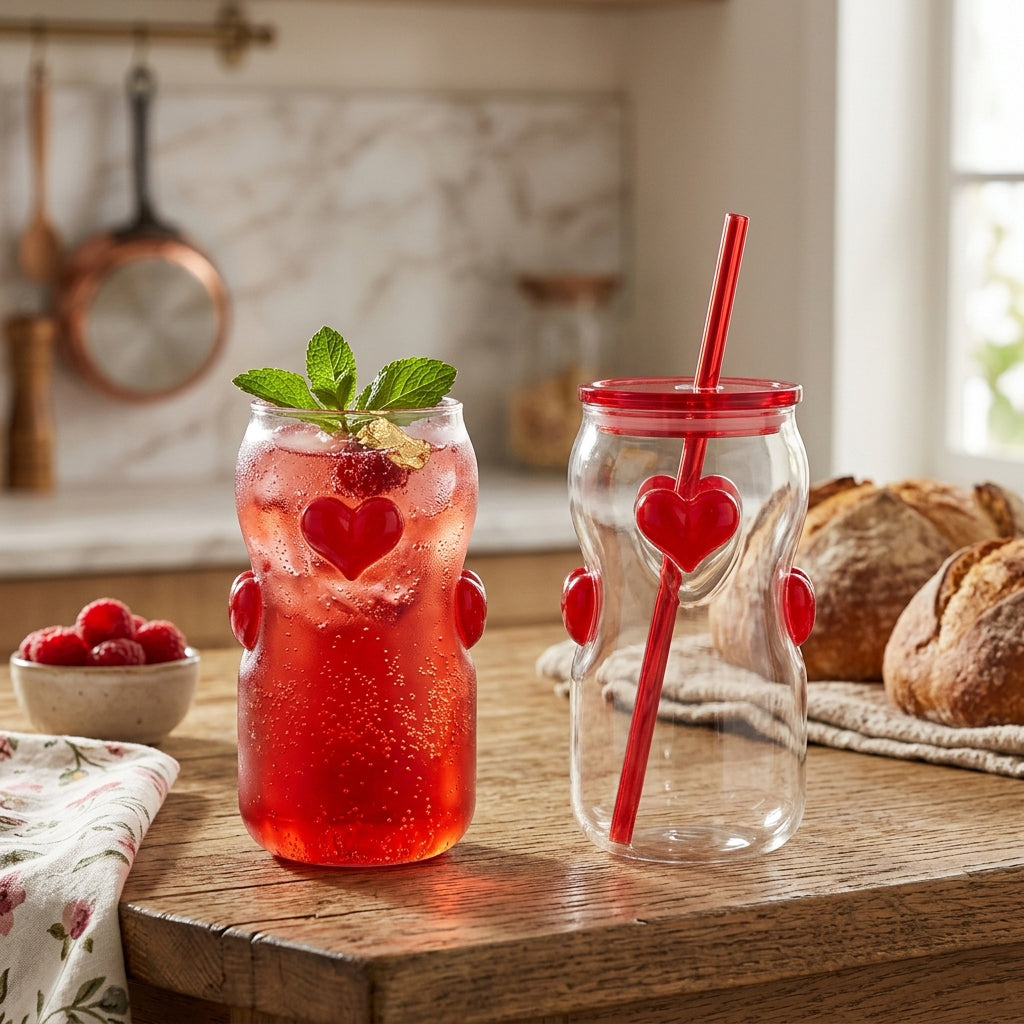 Icon 3D Glass Tumblers with Transparent Lid & Glass Straw, 500ml (Set of 2) —  Heart