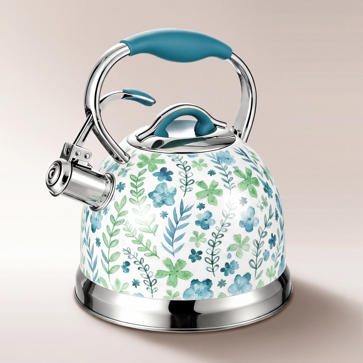 3L Stainless Steel Vintage Floral Design Whistling Stovetop Kettle - White and Floral Sage Decal