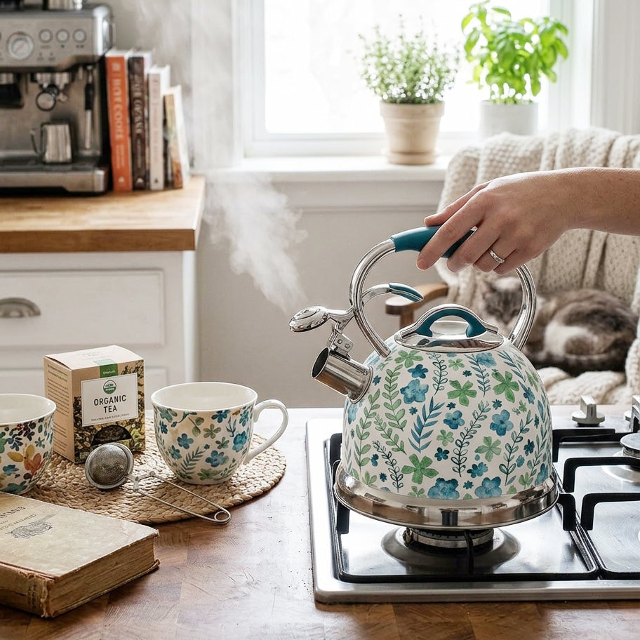 3L Stainless Steel Vintage Floral Design Whistling Stovetop Kettle - White and Floral Sage Decal