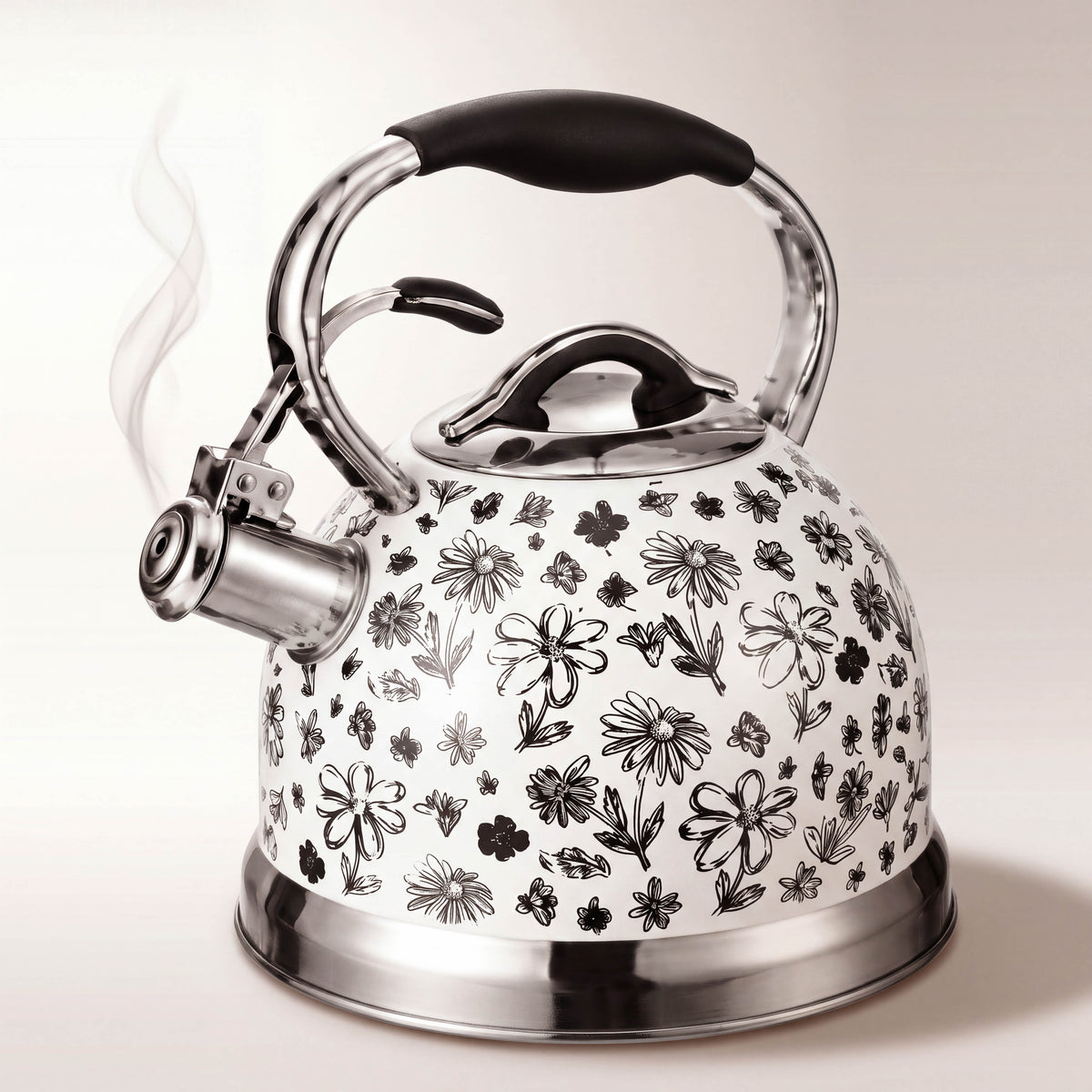3L Stainless Steel Vintage Floral Design Whistling Stovetop Kettle - White and Floral Black Decal