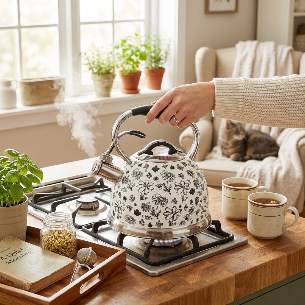 3L Stainless Steel Vintage Floral Design Whistling Stovetop Kettle - White and Floral Black Decal