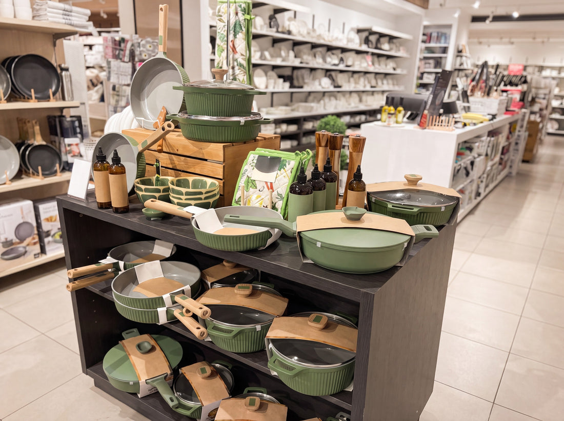 JS Gourmet green cookware endcap in a Canadian retail store